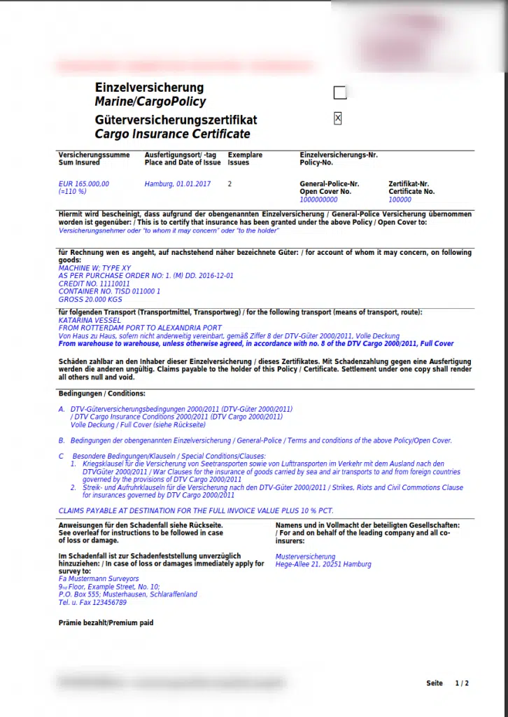 Cargo Insurance Certificate Sample