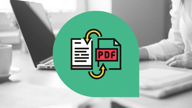PDF konvertieren Zeichen auf grünem Hintergrund mit Frau am Laptop