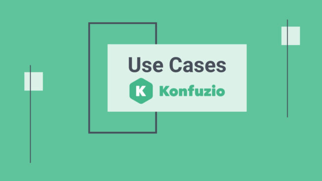 imagen verde con casos de uso y logotipo de konfuzio en un recuadro verde claro