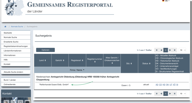 trade register screenshot