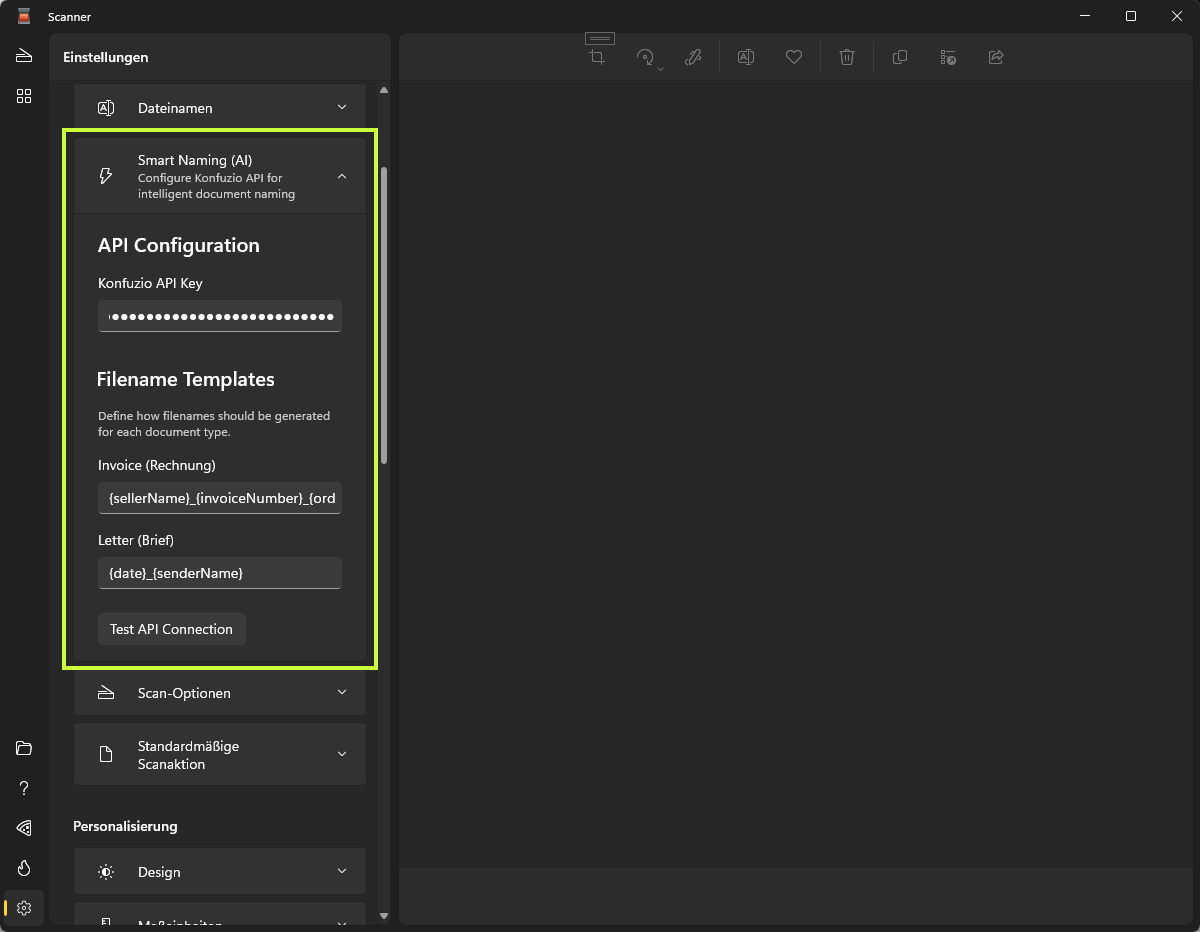Erweiterung einer TWAIN-Direktanbindung per Dokumenten-API zum automatischen Benennen von Scans.